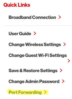 Port Forwarding option under Quick Links